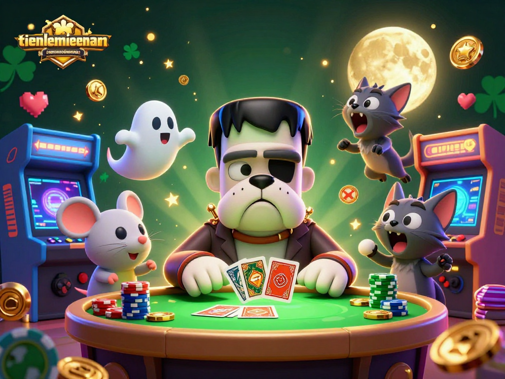 Engage in thrilling card play with tienlenmiennam's 3D cartoon scene featuring playful characters and vibrant casino elements.