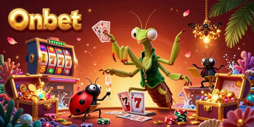 Experience Onbet's vibrant casino atmosphere with a giant card sharp and ladybug pit boss surrounded by dazzling game elements.