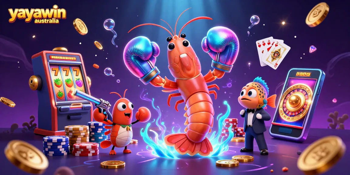 Experience excitement with Yayawin Australia as the mantis shrimp hits the jackpot surrounded by coins and game symbols.