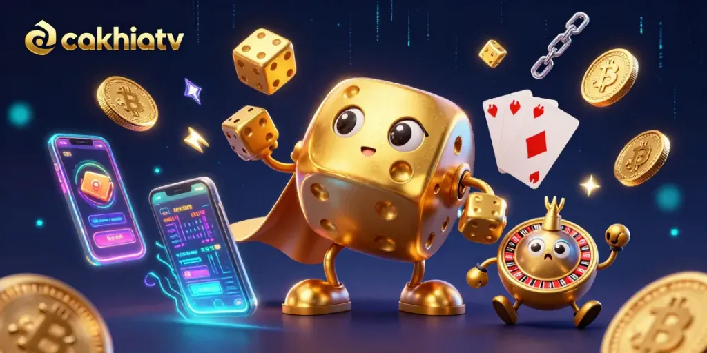 Experience thrilling gameplay with cakhiatv's vibrant 3D gambling scene featuring golden dice and neon elements.