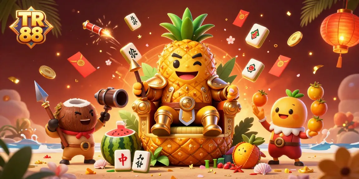 Spin the reels at TR 88 with a vibrant illustration featuring a golden pineapple king and lively gaming elements.