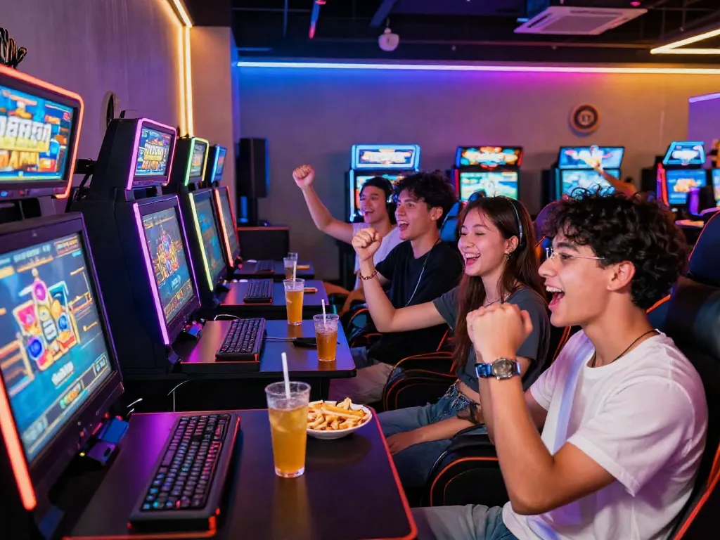 Exciting scene of friends celebrating a win on a สล็อตเว็บตรง gaming machine in a vibrant gaming lounge.