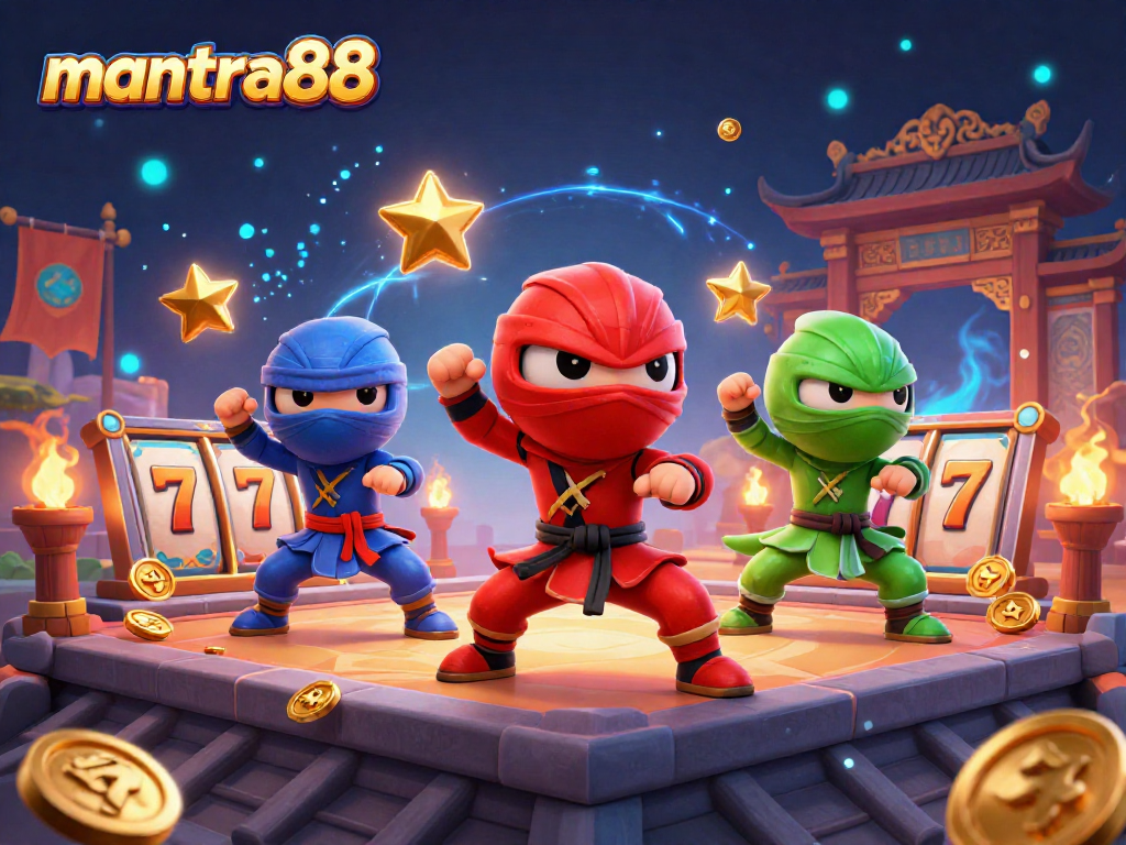 Experience the thrill of mantra88 with a vibrant casino scene showcasing chameleon ninjas and slot elements.