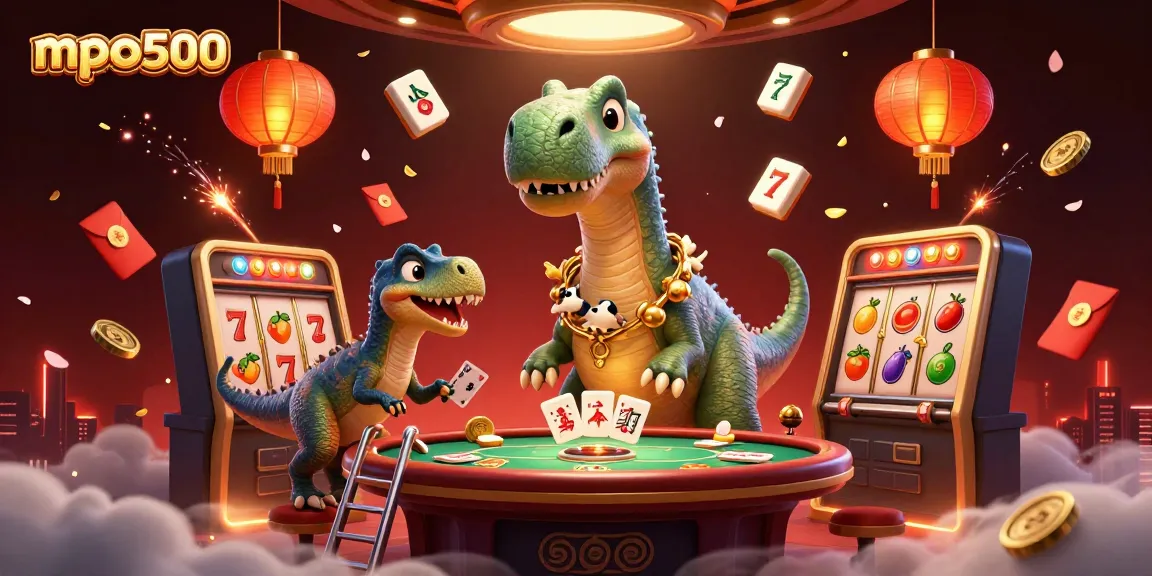 A dynamic scene illustrating mpo500 with a giant brontosaurus and clever raptor in a vibrant casino setting.