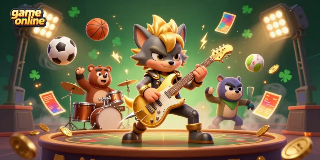 Watch the rock star wolf play thrilling game online in a vibrant casino scene