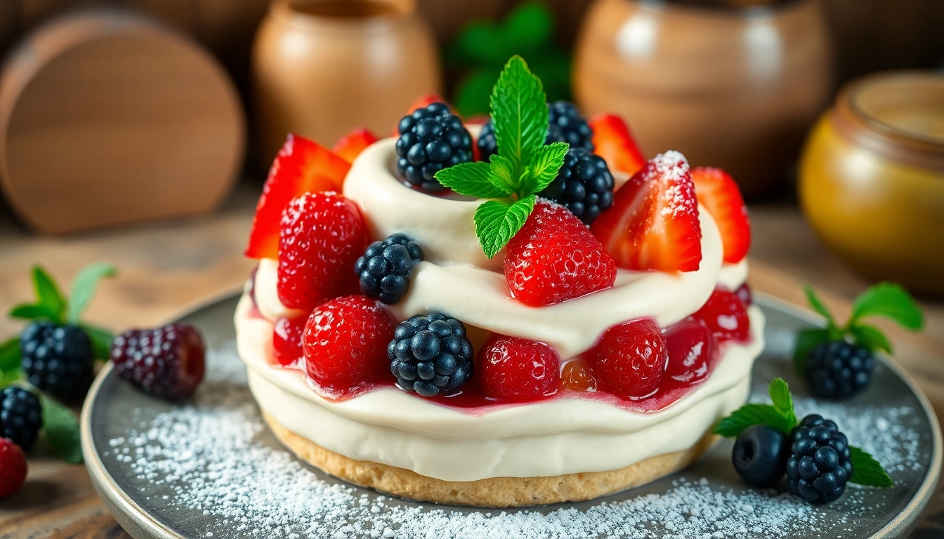 Maak mousseline dessert prachtig gepresenteerd met seizoensgebonden vruchten.