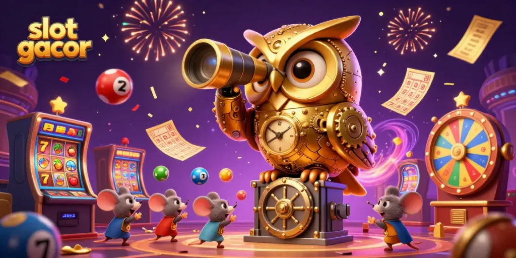 Experience slot gacor excitement with a clockwork owl overseeing a lively casino floor filled with colorful gaming elements.