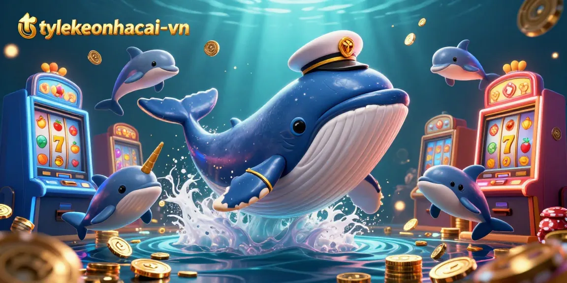 Engage with tylekeonhacai-vn in a vibrant casino scene featuring a whale and dynamic gaming elements.