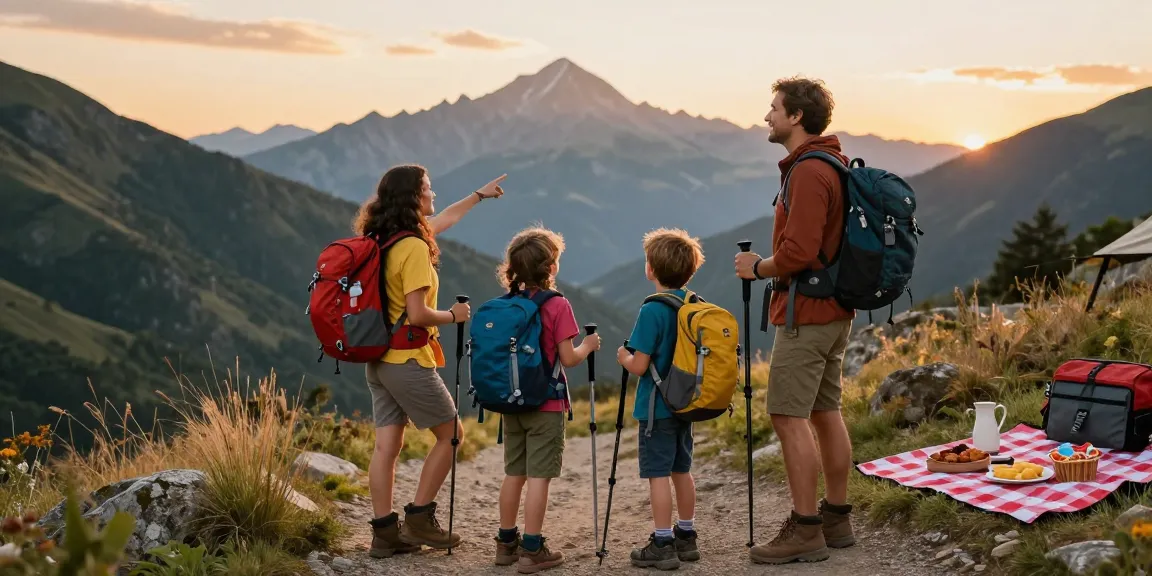 Family adventure with mantra88 exploring mountain trails during sunset.