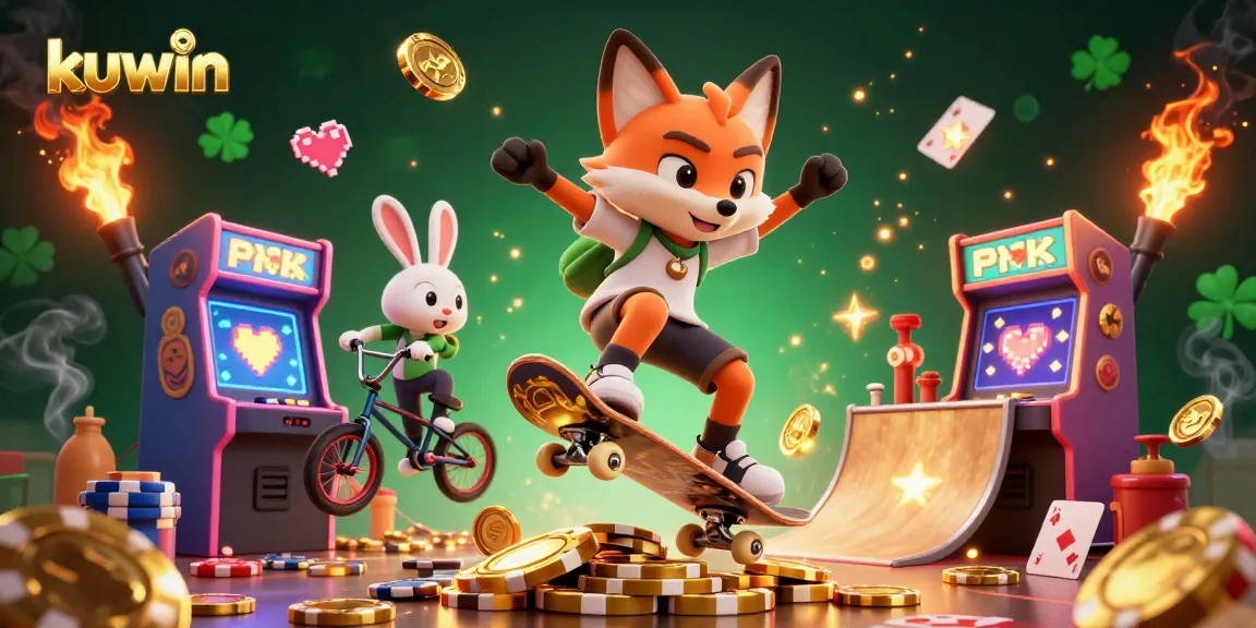 Kuwin's thrilling gaming adventure showcases a skateboarder fox and BMX-riding rabbit above golden poker chips amidst vibrant casino elements.
