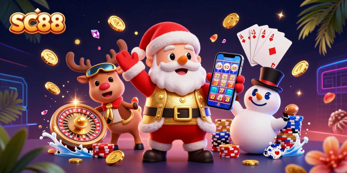 Experience excitement with SC88 at the casino, featuring Santa and friends celebrating with jackpots.