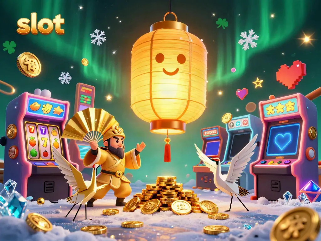 Permainan slot yang penuh warna dengan karakter bertema kasino di latar belakang yang bercahaya.