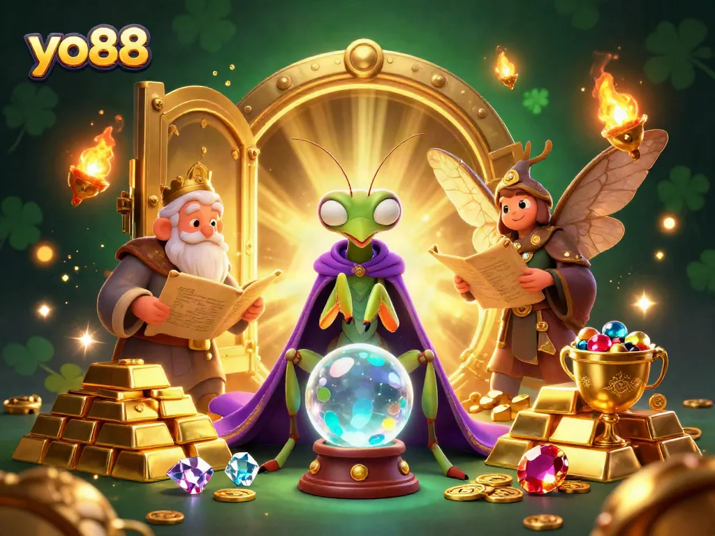 Experience the thrill of yo88 with a vibrant fantasy scene featuring fortune tellers, treasures, and magical elements.