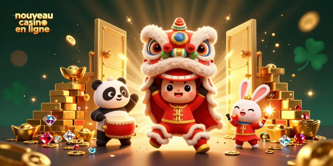 Illustrez un nouveau casino en ligne avec des personnages chinois et une ambiance festive éclatante.