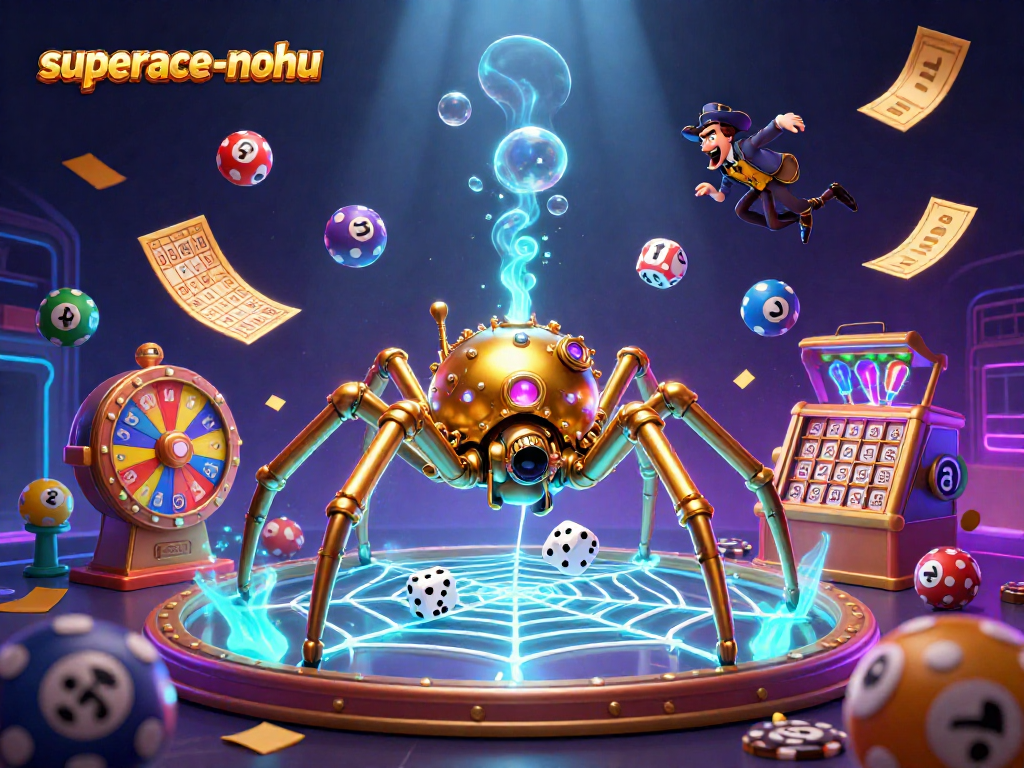 Engage in superace-nohu with a dynamic scene showcasing a golden spider weaving winning strategies in an electrifying casino atmosphere.