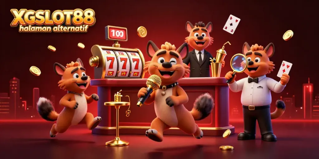Gambaran kasino XGSLOT88 halaman alternatif dengan karakter hyena beraksi, menunjukkan aksi perjudian yang menghibur.
