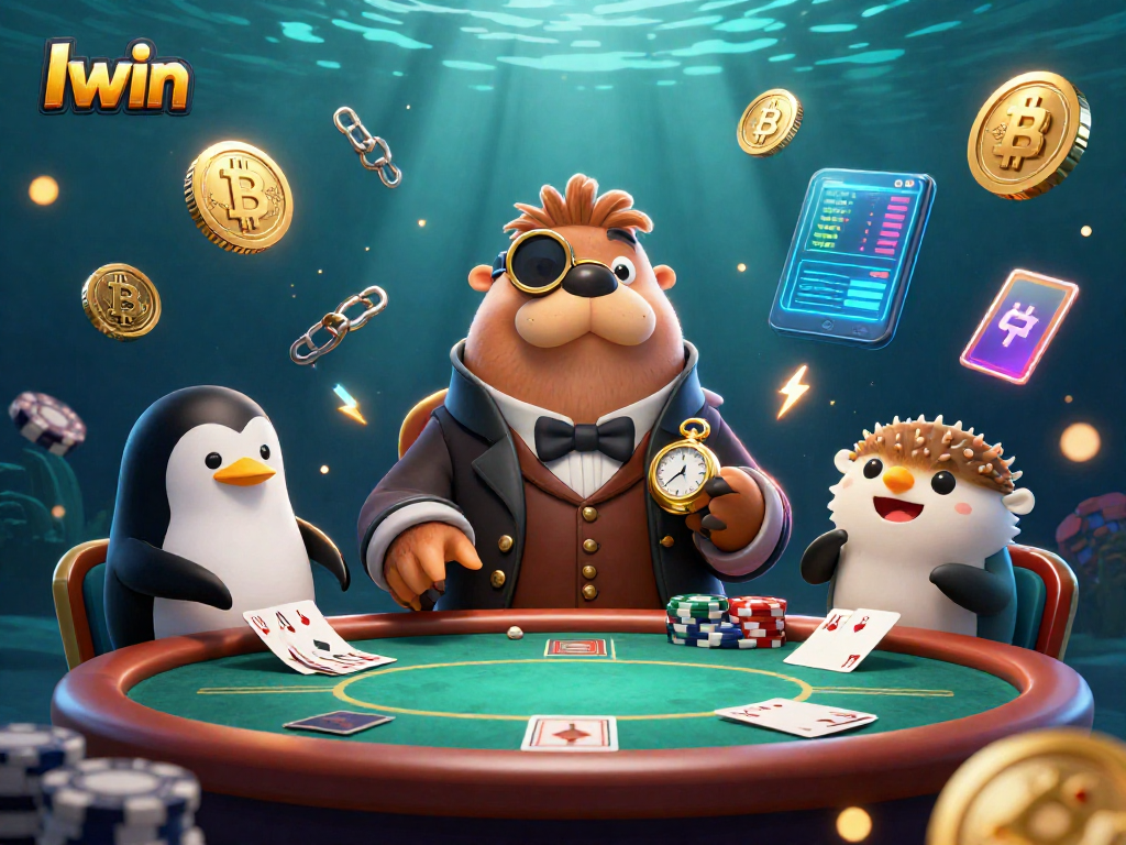 Iwin poker game illustration featuring a walrus, penguin, and pufferfish characters in a lively underwater scene.