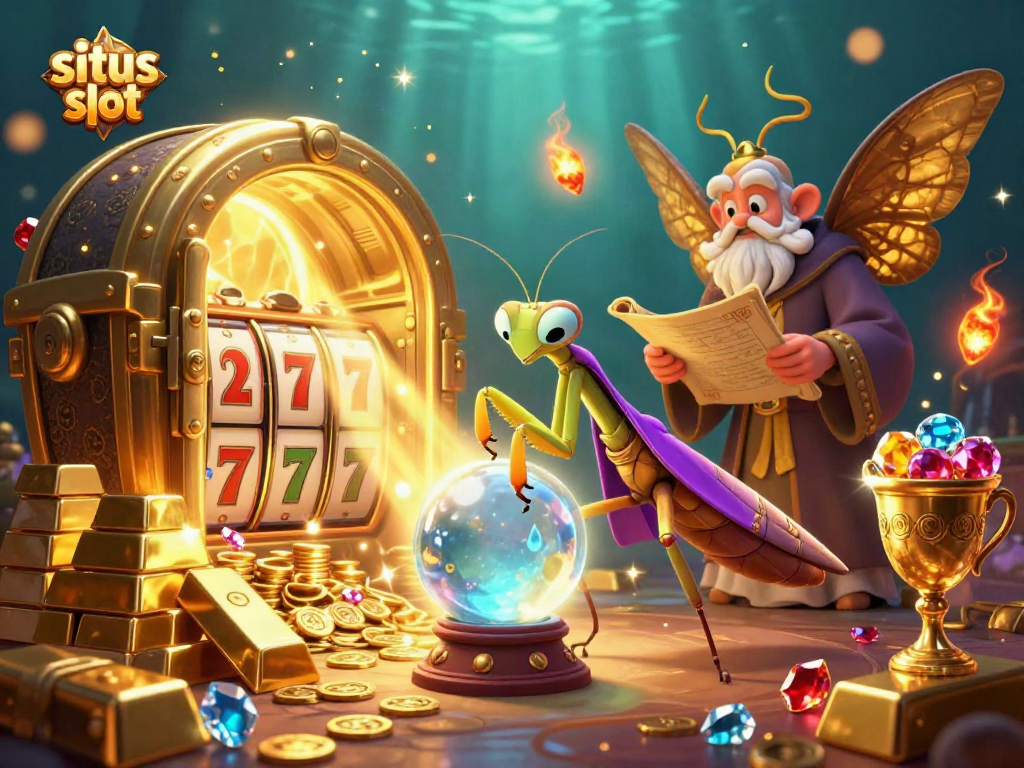 Experience the thrill of situs slot with a vibrant casino illustration featuring fortune tellers and treasures.