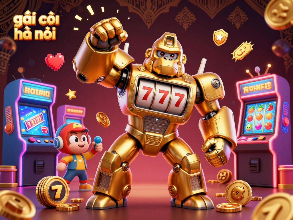 Engaging casino-themed scene with a golden gorilla mech illustrating strategies in gái gọi hà nội
