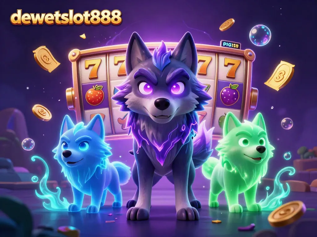 Menangkan jackpot dengan dewataslot888, ilustrasi kasino yang hidup dengan sosok serigala dan simbol permainan slot.