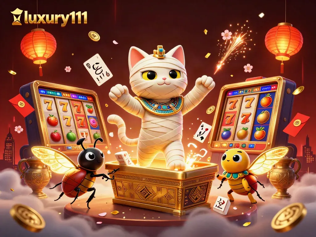 Immerse in luxury111 gaming action with vibrant slots and mystical characters in a lively casino atmosphere.