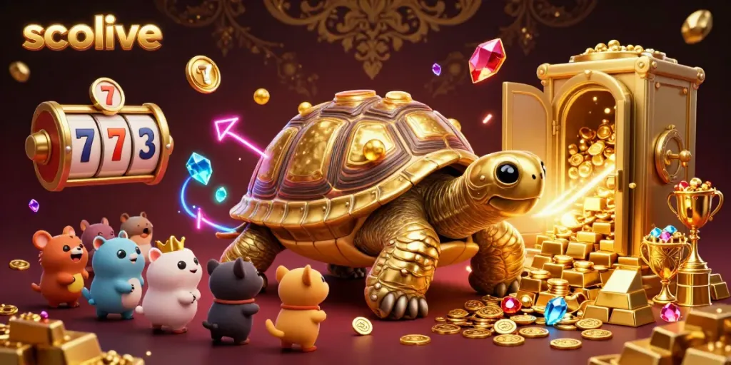 Socolive showcases an engaging pinball tortoise scene filled with vibrant game elements, gold and gems.
