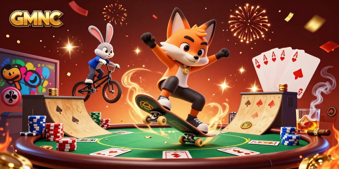 Experience thrilling gameplay with GMNC as a fox does a kickflip over poker chips.