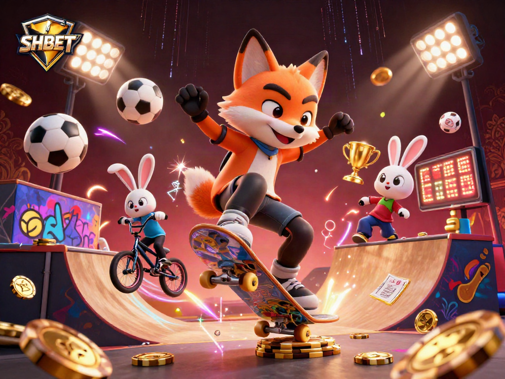 Experience thrilling sports action with SHBET's animated casino characters in a vibrant 3D scene