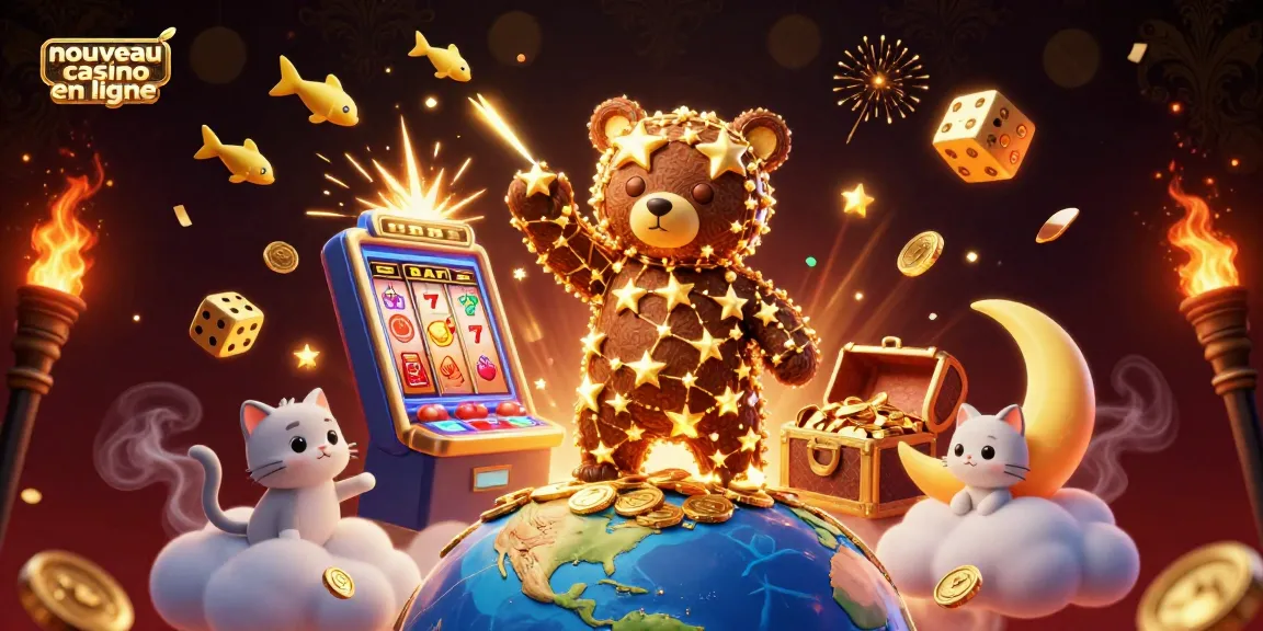 Découvrez le nouveau casino en ligne avec une illustration dynamique mettant en scène un ours constellation, des poissons étoiles et un chat lune.