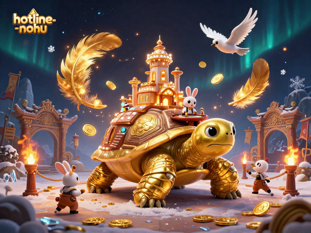 Engage with hotline-nohu in a vibrant 3D fantasy casino scene featuring a golden tortoise and friendly dealer.