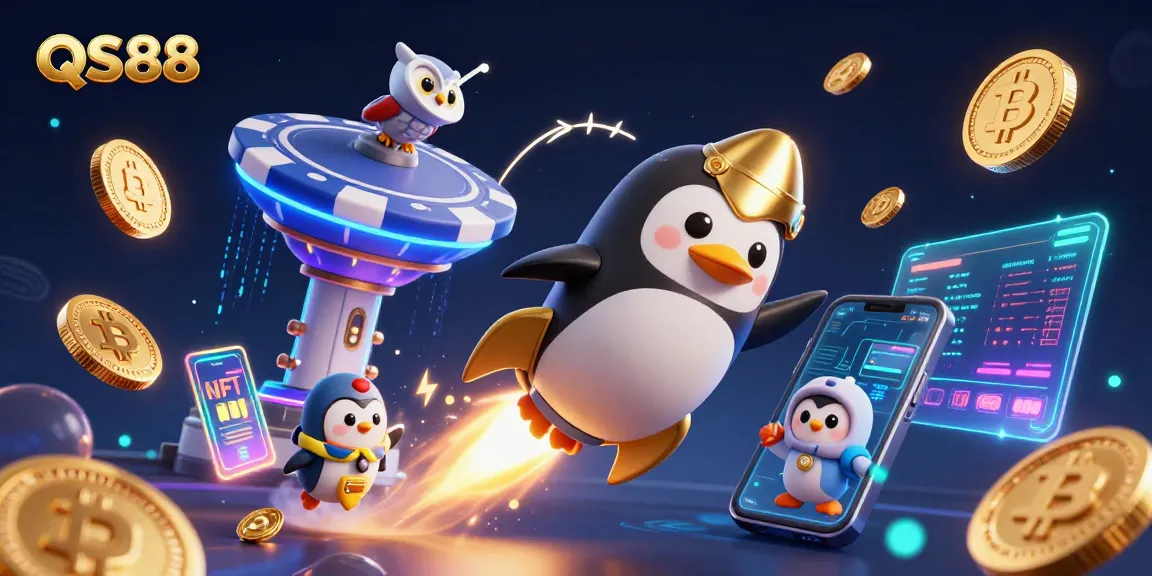 Experience the excitement of QS88 with a golden penguin flying toward a casino station amidst glowing cryptocurrencies.