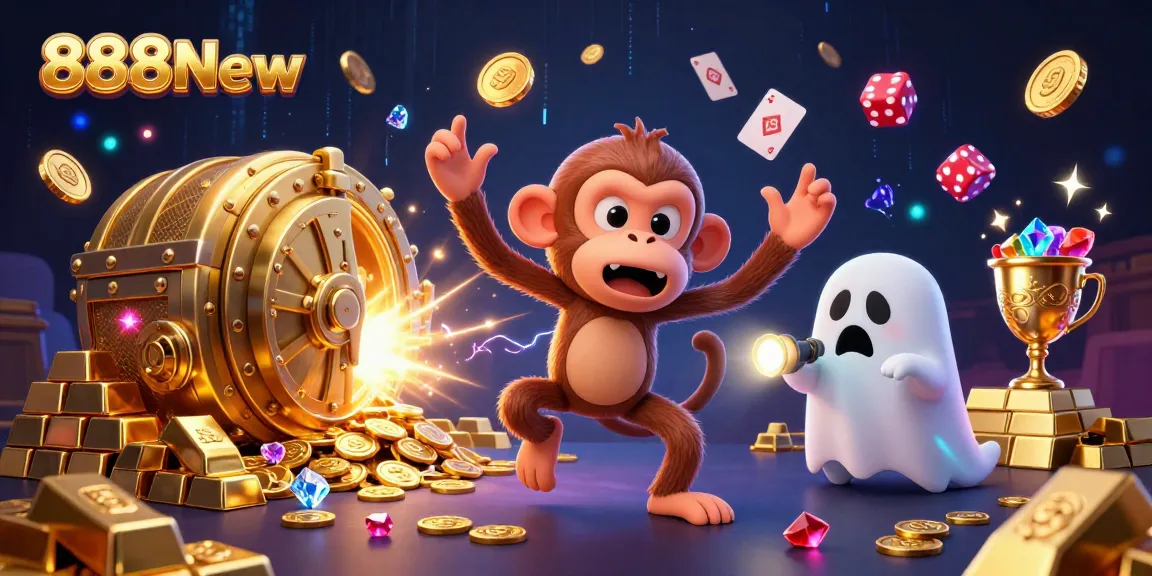 Engage with 888New in a dynamic casino scene featuring a mischievous monkey and a curious puppy.