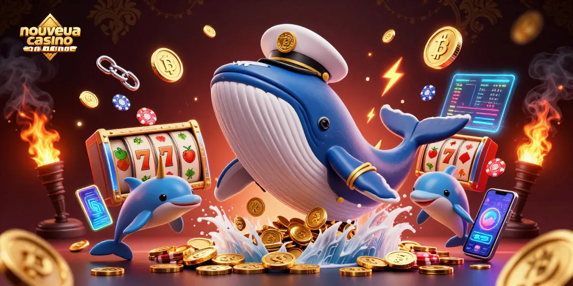 Illustration colorée d'un nouveau casino en ligne avec un baleinau et des symboles de jeux.