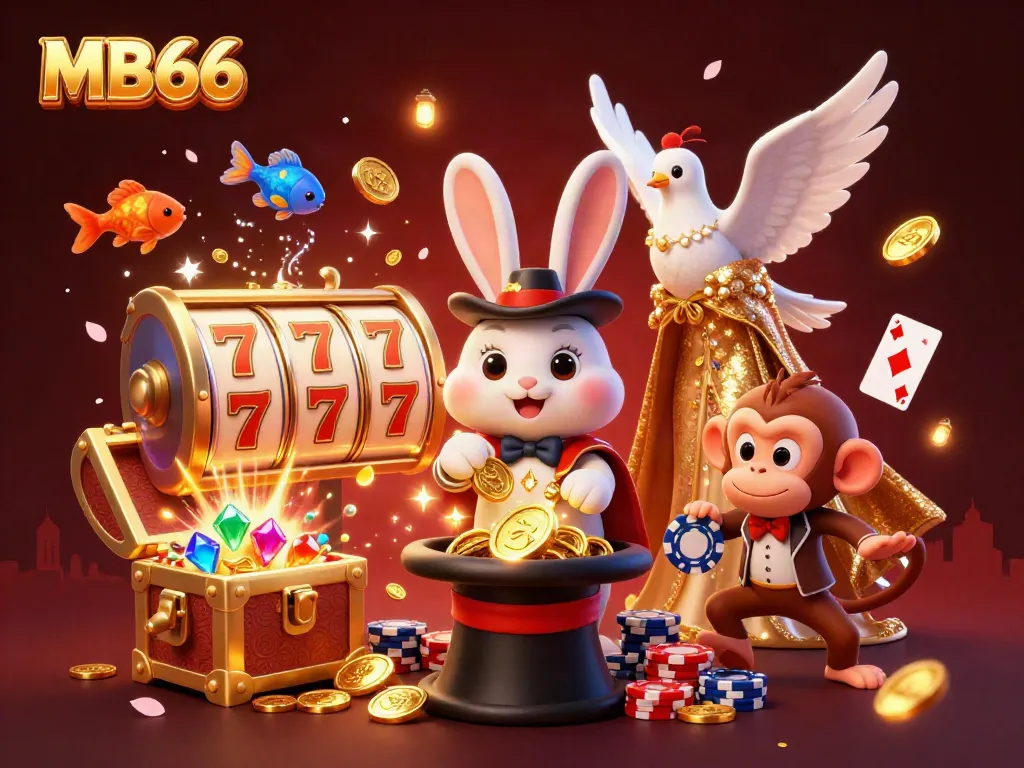 Experience the enchanting MB66 casino world with a magician, dove, and monkey amidst vibrant gaming elements.