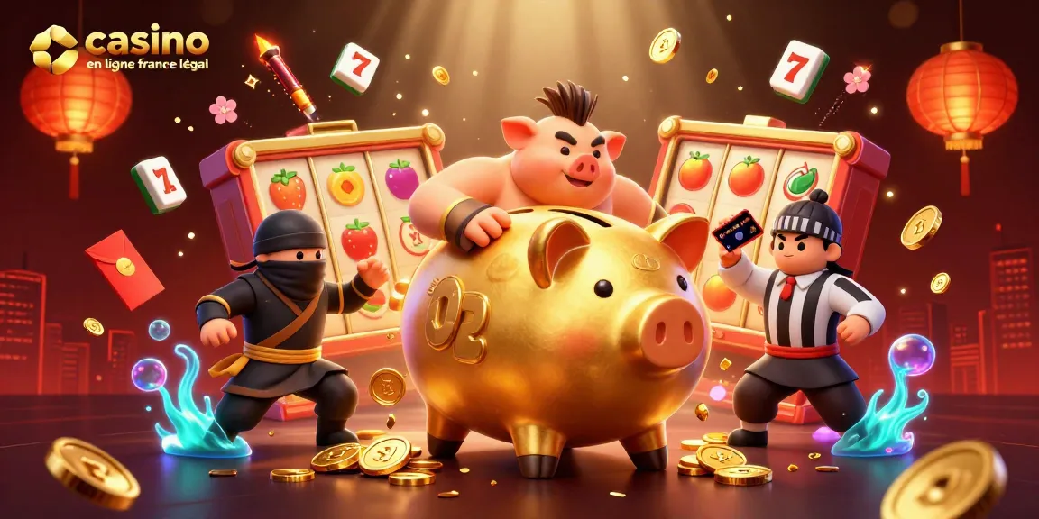 Illustration dynamique avec un sumo en tirelire et un ninja, casino en ligne légal en France.