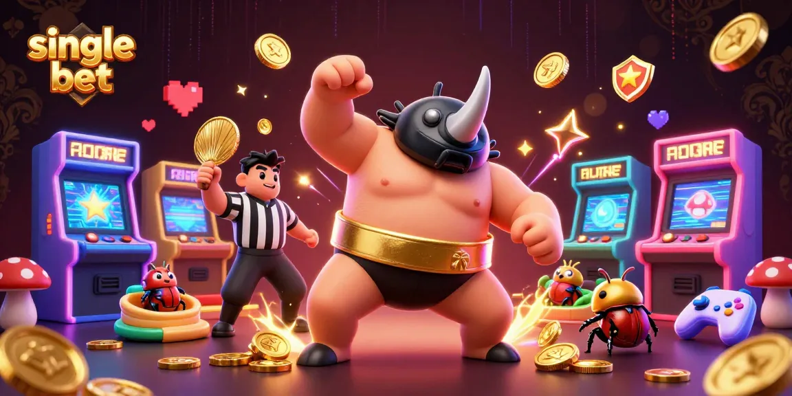 Engage in a thrilling single bet scene with a sumo rhinoceros beetle champion surrounded by vibrant gaming elements.