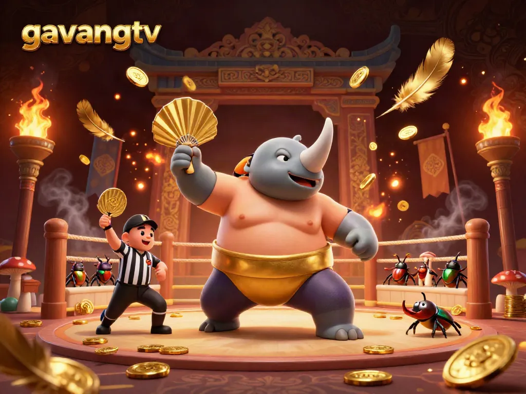 Experience the thrill of betting with gavangtv as a beetle sumo champion celebrates a victory amidst flying coins.
