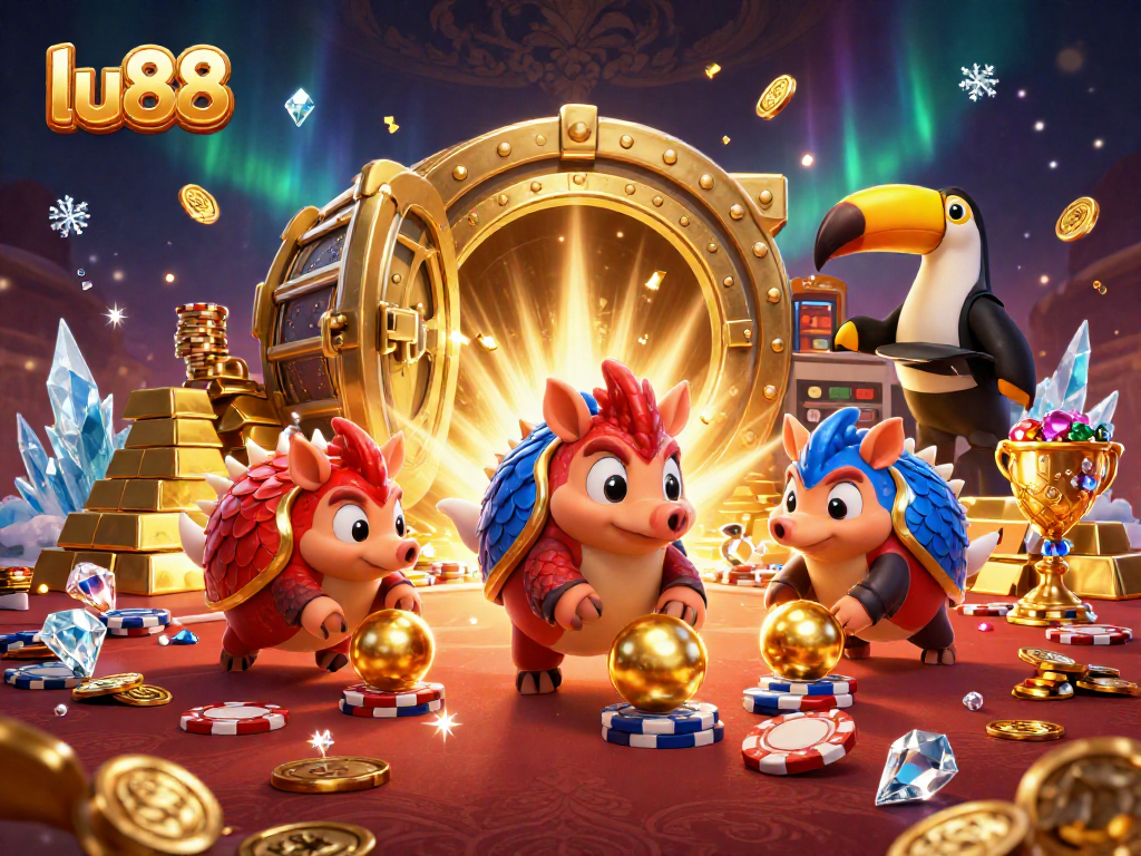 lu88 pangolins bowling through poker chips in a vibrant casino scene with treasure