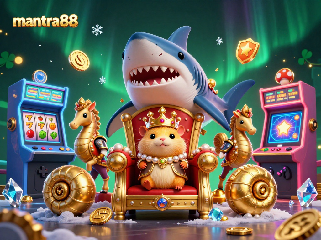 Experience thrilling gaming at mantra88 with a golden hamster king surrounded by slot machines and gaming excitement.