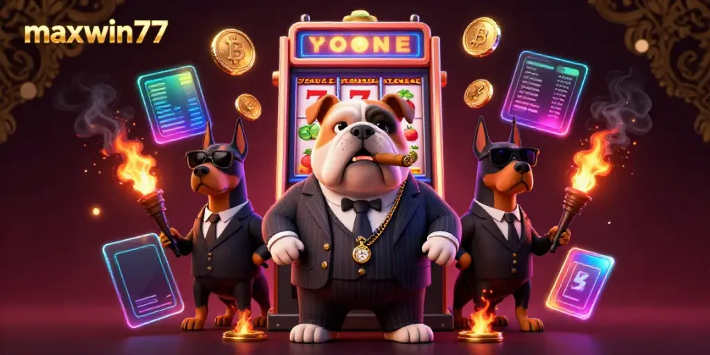 Experience maxwin77's thrilling slot adventure with a mafia bulldog and bodyguards in an electrifying casino.