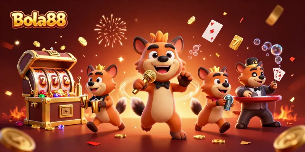 Bola88 offers an exciting scene with cartoon hyenas running a vibrant casino club filled with gold coins and slots.