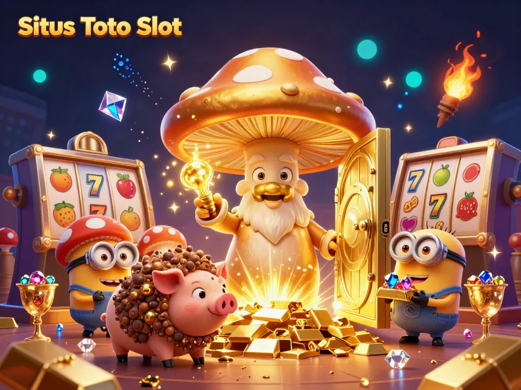 Situs Toto Slot - Ilustrasi magis dengan penyihir jamur emas, babi truffle, dan harta karun kasino yang berkilauan.