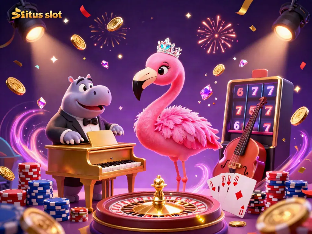Experience the excitement of situs slot games with vibrant characters and casino elements in a dynamic scene.