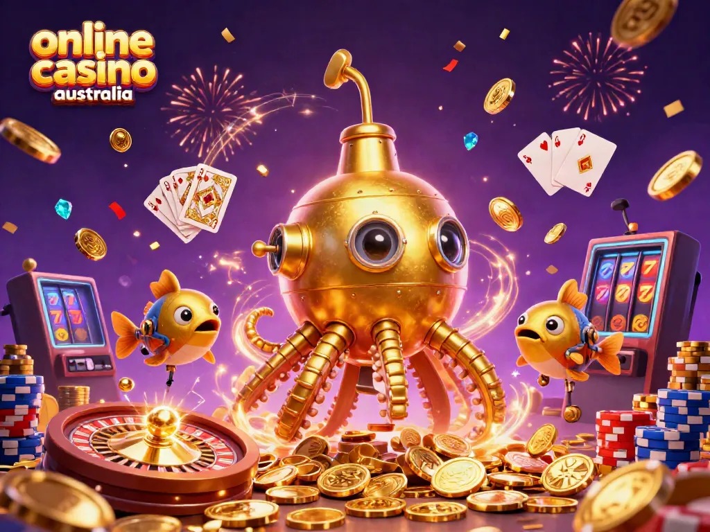 Experience the excitement of online casino Australia with a dynamic scene of a golden kraken submarine and gaming elements.