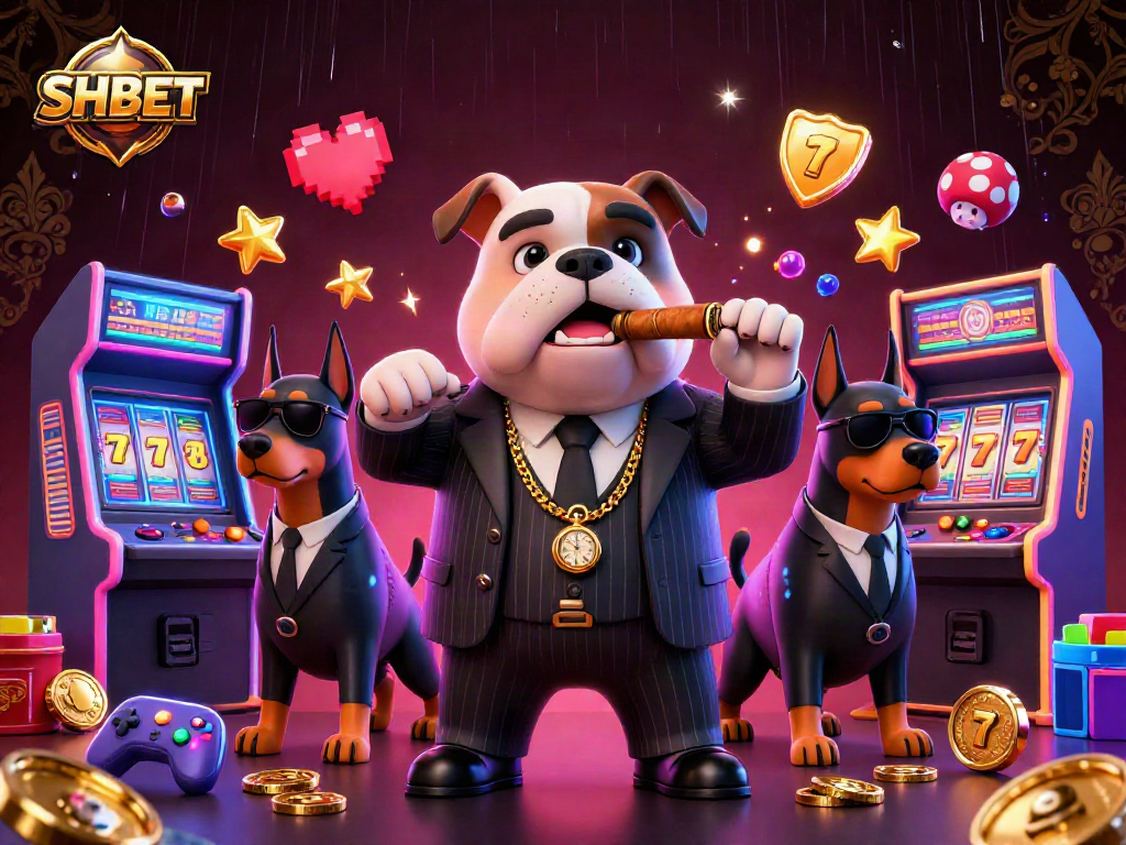 Experience thrilling action at SHBET with a cartoon mafia boss and his bodyguard Dobermans in a vibrant casino scene.