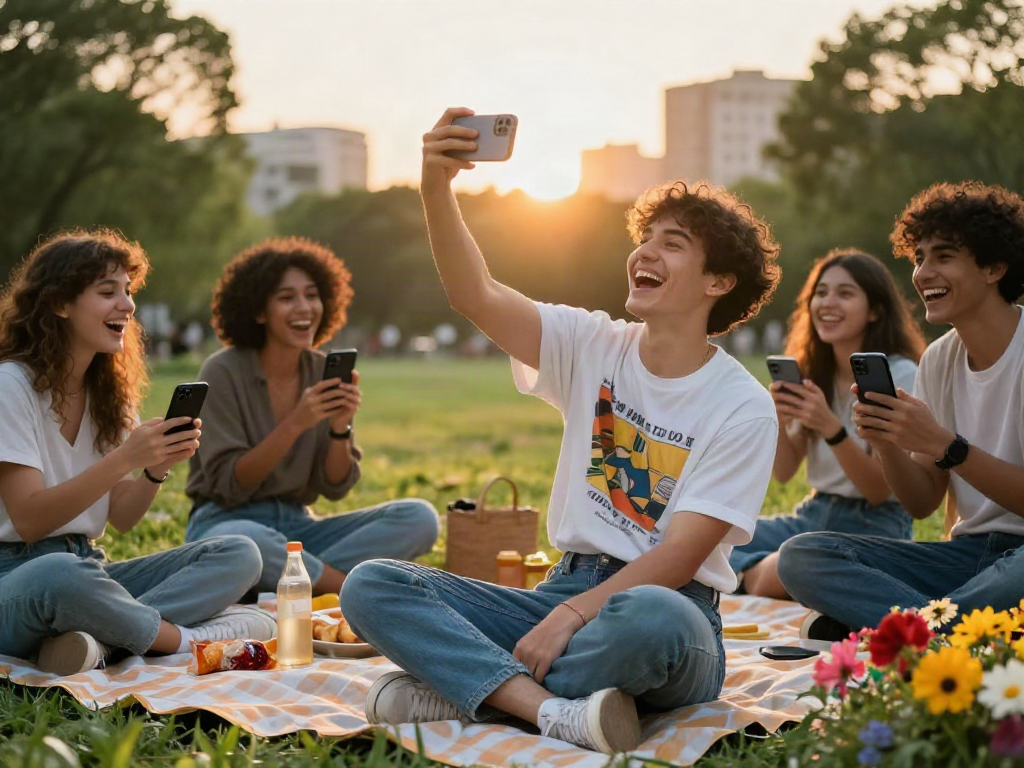 Young adult excitedly discovering how old do I look while taking a selfie with friends in a park.