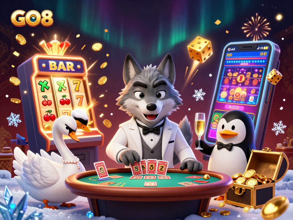 Experience the thrill at GO8 casino with vibrant games and captivating characters in an exciting 3D scene.