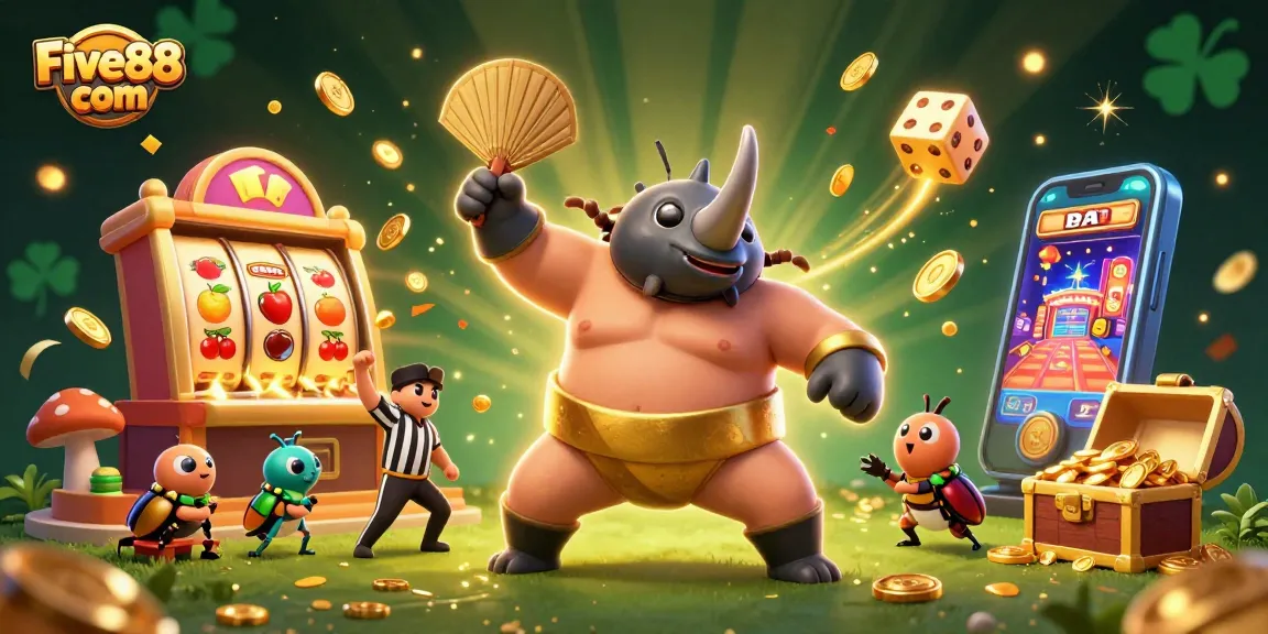 Experience excitement at Five88 com with a vibrant 3D casino scene featuring a beetle champion!