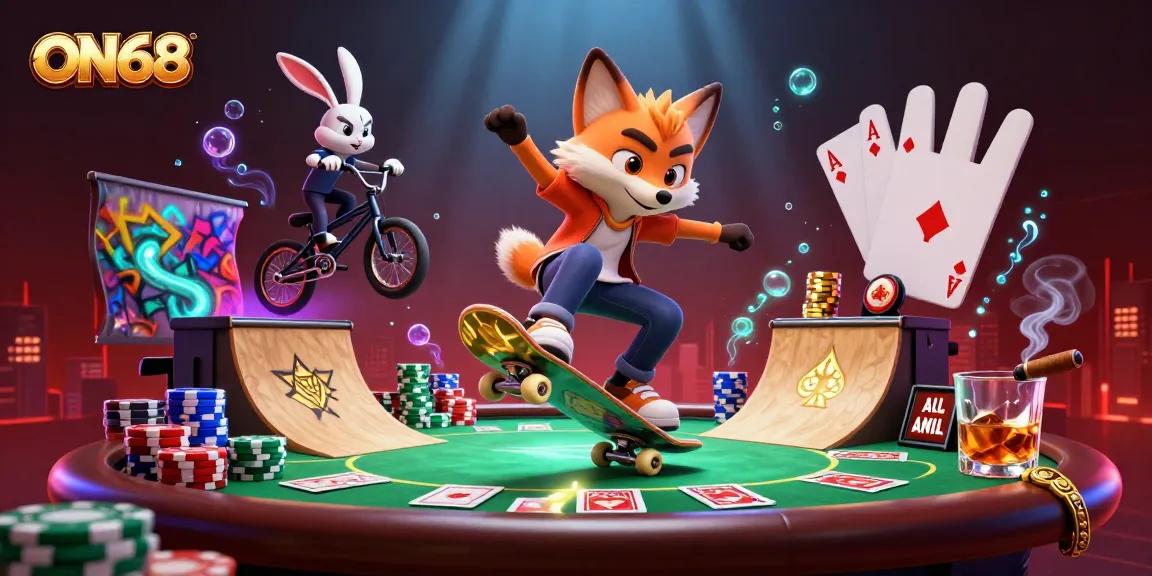 Experience ON68's vibrant casino energy with a skateboarding fox and BMX rabbit in action.