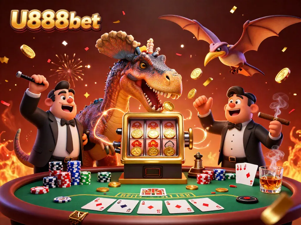 U888bet showcases a pachycephalosaurus winning jackpot coins from a golden slot machine amidst vibrant casino action.